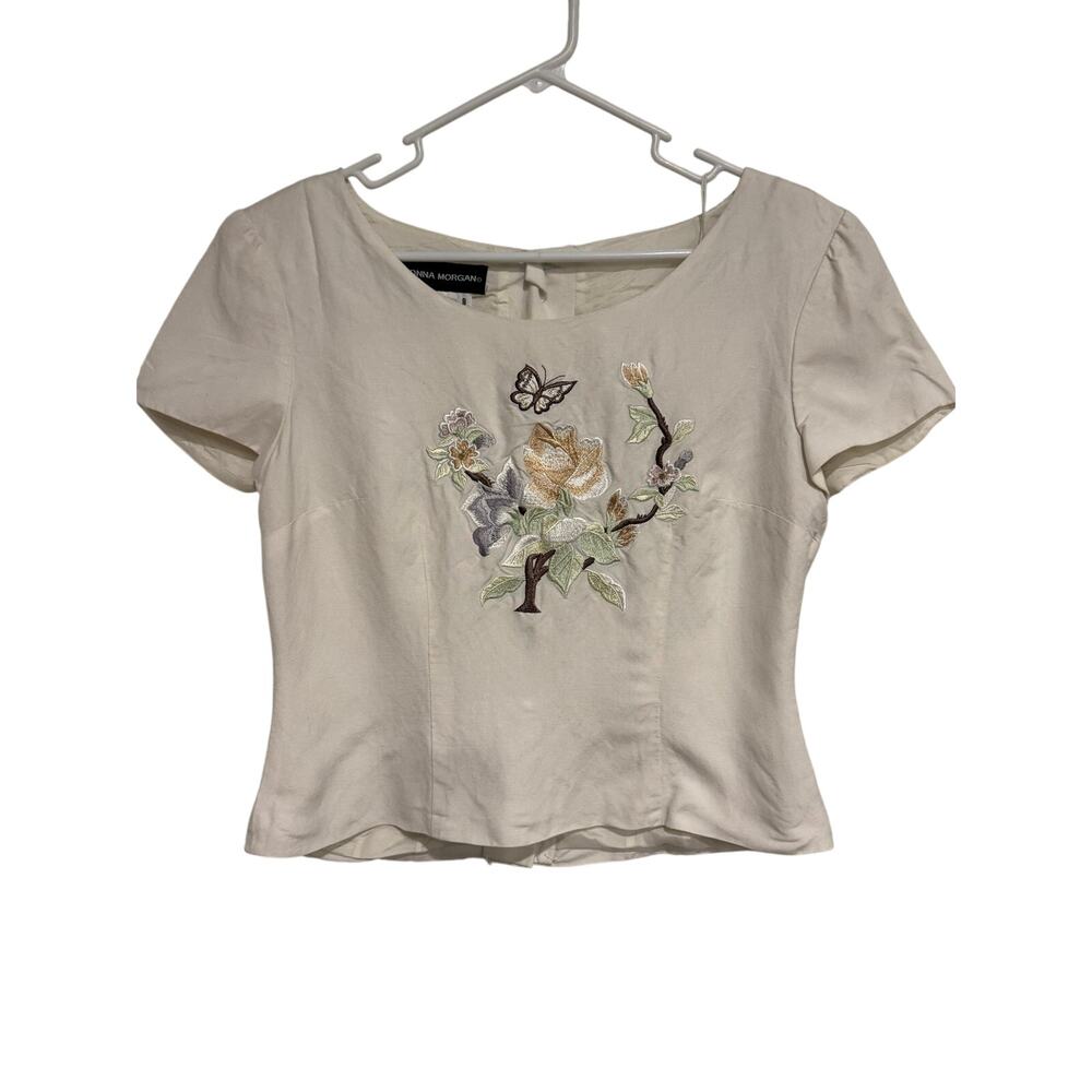 Donna Morgan Linen Blend Embroidered Floral Blouse Womens Size 8